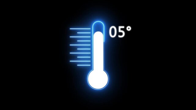 Neon Medical thermometer icon animation. Digital Temperature Meter Display 05&deg;C. Thats indicates weather temperature 05 degree increse or decline. Thermometer equipment showing hot or cold weather.