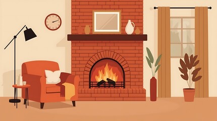 Warm living room fireplace vector illustration
