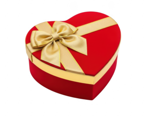 Red heart-shaped gift box with gold ribbon isolated on transparent background