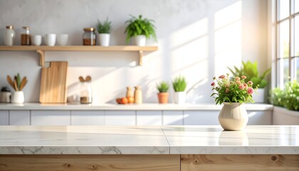 Fototapeta premium Bright kitchen interior showcasing a marble countertop, potted plants, and warm natural lighting