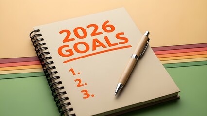 Spiral bound notebook open to a handwritten list titled 2026 goals with an elegant wooden pen resting beside the numbered priorities ready for planning