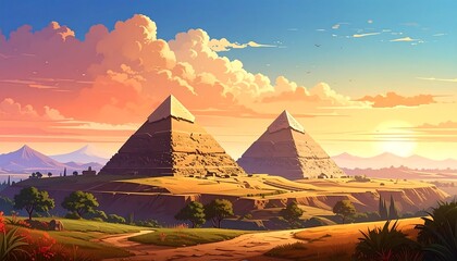 Vivid digital art depicting ancient pyramids, bathed in warm sunset hues. Landscape features rolling hills, sparse vegetation, and a picturesque sky