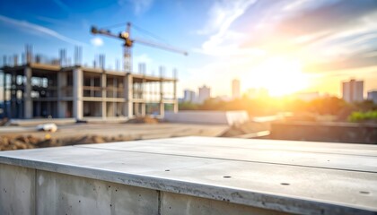 A construction site at sunset with cranes and buildings under development, emphasizing progress