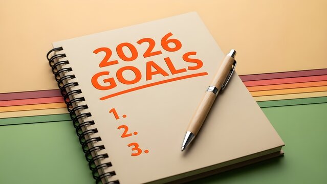 Spiral bound notebook open to a handwritten list titled 2026 goals with an elegant wooden pen resting beside the numbered priorities ready for planning