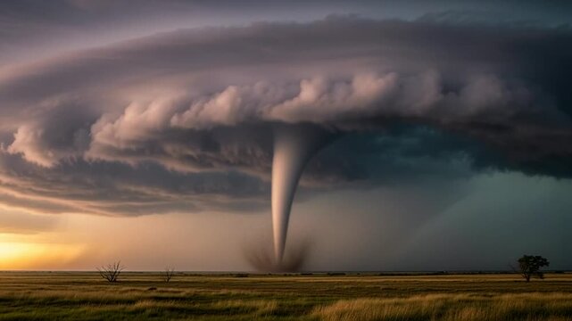 Dramatic Tornado and Lightning Storm Over Rural Landscape