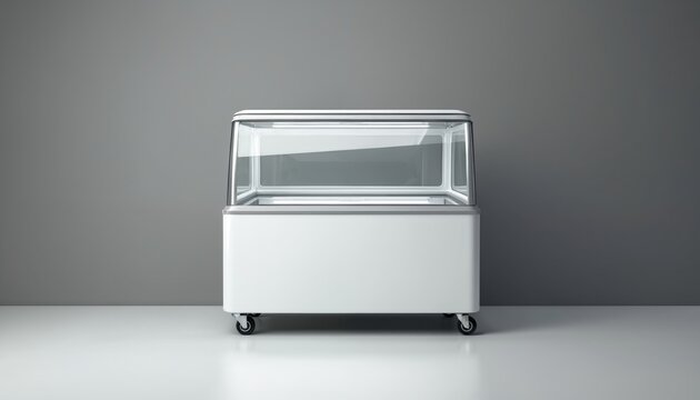 White commercial freezer with glass display on wheels. Empty appliance waits for products. Ideal for ice cream shops cafes bakeries. Clean modern design frozen goods. Versatile for branding mockups
