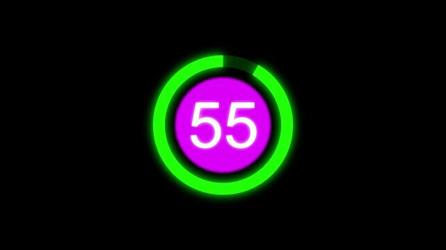 60 Second circular countdown animation from 60 to 0. 1 minute countdown timer with shrinking green circular frame.