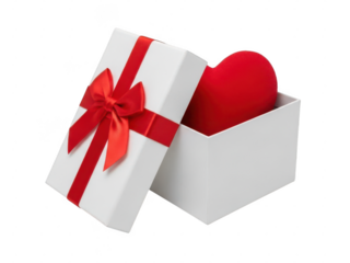 White gift box with red ribbon and heart inside isolated on transparent background