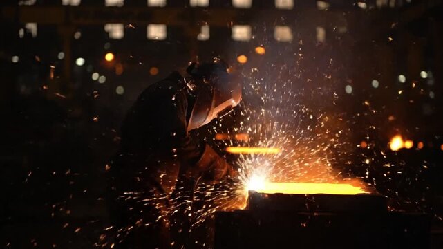 professional cinematic industrial footage inside steel factory anonymous welder silhouette near molten metal slabs strong orange illumination sparks scattering dynamically dark moody background bokeh 