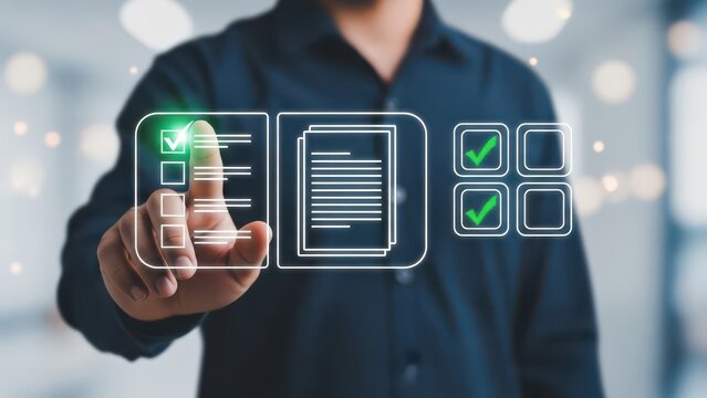Man interacting with futuristic checklist and document icons in a modern workspace