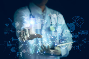 Doctor utilizing futuristic AI hologram interface to analyze human anatomy and skeleton for precision medical diagnosis and digital healthcare.