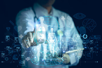 Doctor utilizing futuristic AI hologram interface to analyze human anatomy and skeleton for precision medical diagnosis and digital healthcare.