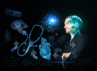 Doctor utilizing futuristic AI hologram interface to analyze human anatomy and skeleton for precision medical diagnosis and digital healthcare.