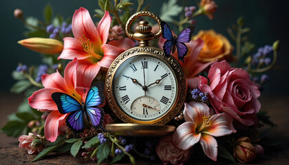 Obraz premium Vintage pocket watch sits amongst rich floral arrangement with two colorful butterflies resting on petals and timepiece. Ornate gold clock has roman numerals face, small seconds dial.