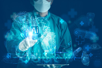 Futuristic doctor utilizing artificial intelligence holographic interface to analyze heart, brain, and DNA data for precision medical diagnosis