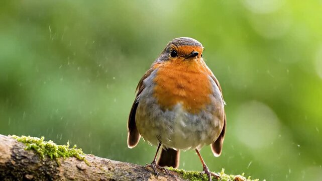 European robin with vibrant orange-red breast perches on a mossy branch during rain, a tranquil wildlife scene in nature