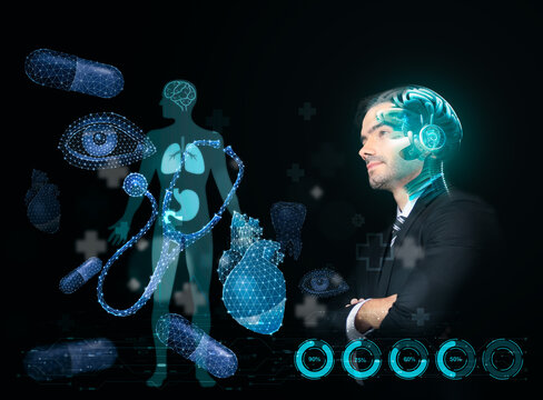 Doctor utilizing futuristic AI hologram interface to analyze human anatomy and skeleton for precision medical diagnosis and digital healthcare. - Powered by Adobe