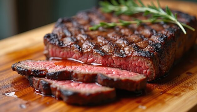 Juicy grilled beef steak sliced on a wooden board with rosemary sprig. Rich red meat texture visible, cooked medium rare with char marks. Savory meal for carnivores.