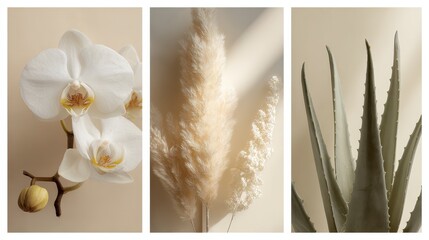 A triptych showcasing botanical beauty a delicate white orchid, fluffy pampas grass, and spiky aloe vera, all against a neutral backdrop