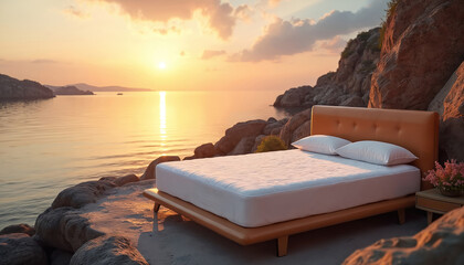 Bed with white mattress and leather headboard set on rocky shore. Calm sea and orange sunset sky create peaceful backdrop. Coastal scene suggests tranquil escape and relaxation.