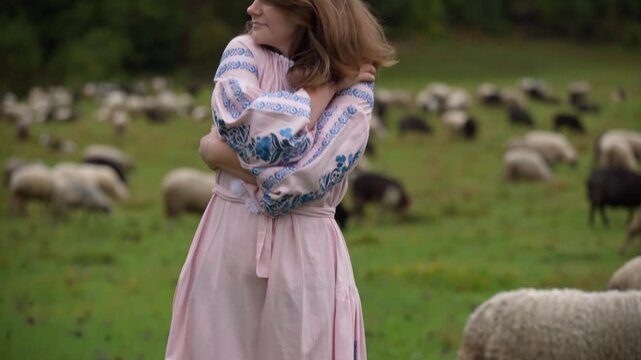 White woman bare feet on grass near grazing sheep, embroidered dress hem and close detail of legs quiet contemplative poses showing caretaker, wanderer