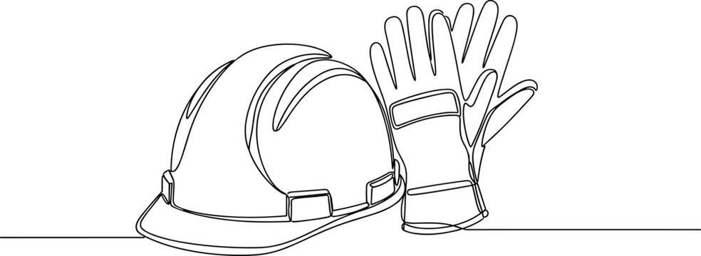 Minimalist line art illustration of construction safety helmet and protective work glove symbolizing industrial protection and workplace safety standards compliance - Powered by Adobe