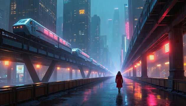 Futuristic city at night with monorail train system. Person walks on wet street, neon signs glow, rain falls. Tall buildings, modern architecture, atmospheric mood, cinematic view.