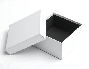 Angled view of an open white box with a black interior, lid slightly ajar on a white surface