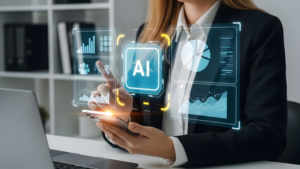 Businesswoman in a modern office interacts with a futuristic AI interface, symbolizing the integration of technology and innovation in business. This image represents the cutting-edge tools.