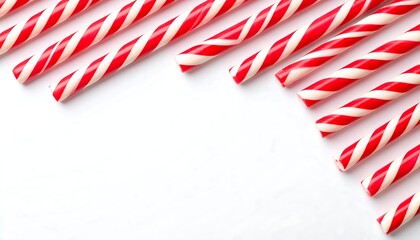 Angled view of multiple red and white striped, swirled sugar candies on white background