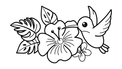 Hummingbird and hibiscus flower coloring page with tropical leaves
