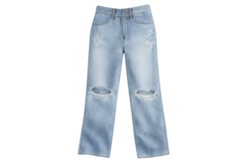 Light blue wide leg jeans with ripped knees, modern distressed denim trousers for casual fashion and street style