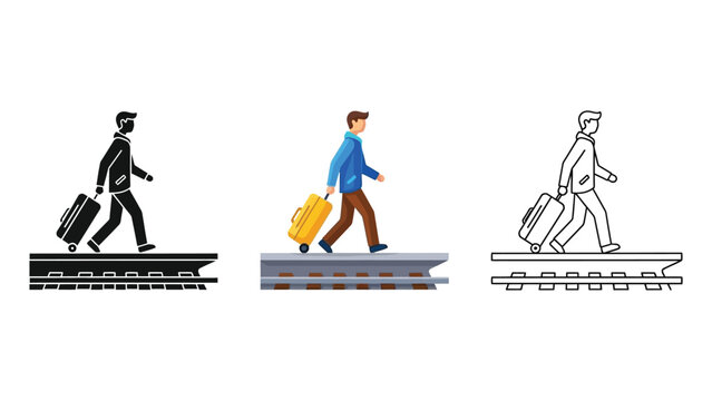 Traveler walking along a train platform with suitcase in three illustration styles