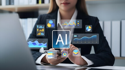 Businesswoman in a modern office interacts with a futuristic AI interface, symbolizing the integration of technology and innovation in business. This image represents the cutting-edge tools.