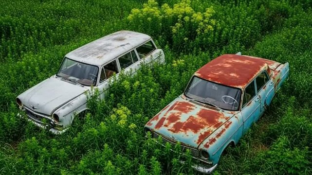 Abandoned vintage cars, a station wagon and a sedan, heavily rusted and overgrown by lush green vegetation, symbolizing decay and nature's return.