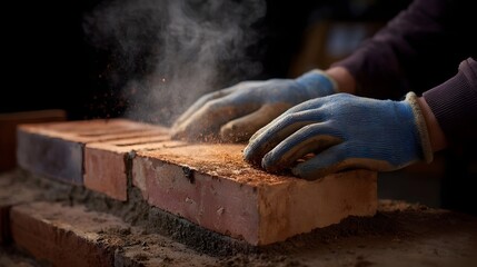 A mason s hands in gloves working with bricks and dust on a construction site