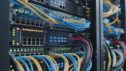 Intricate Network of Cables and Server Racks in a Data Center, Illustrating Technology and Connectivity