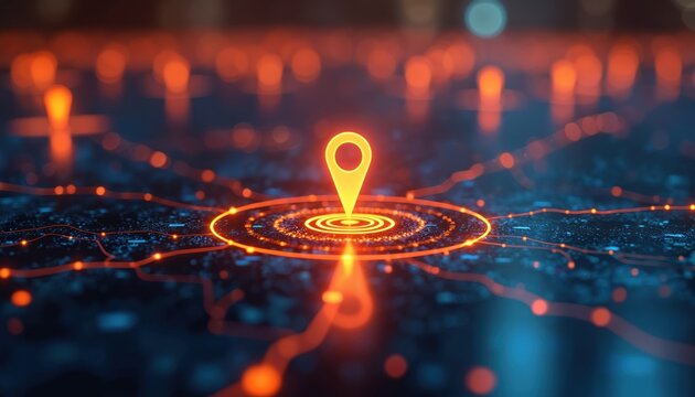 Digital map pinpoint. Glowing orange lines show routes and data connections on abstract futuristic background. Global positioning system concept. - Powered by Adobe