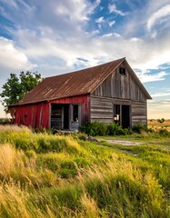 Obraz premium Weathered barn at sunset amidst a field of tall, golden grass
