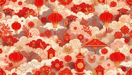 Chinese New Year seamless pattern, red and gold elements, lanterns, dragons, clouds, traditional symbols, clean vector style, repeatable pattern, high resolution, Adobe Stock ready