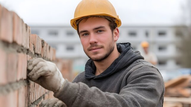 A male construction worker wearing a hard hat meticulously lays bricks on a new wall at an outdoor building site