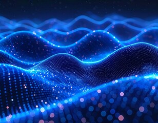 Digital rendering of undulating blue waves constructed from countless glowing dots, creating an abstract, futuristic landscape