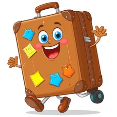 Animated brown suitcase character with wheels, stickers, smiling, walking