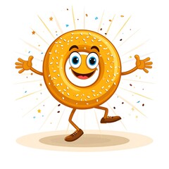Animated cartoon bagel character with arms, legs, smile, sesame seeds, and joyous expression