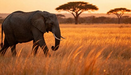 Obraz premium Majestic African Elephant Walking Through Golden Savannah at Sunset