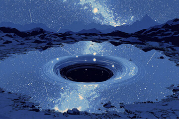 Surreal landscape of a dark whirlpool in a blue lake reflecting a brilliant cosmic milky way.