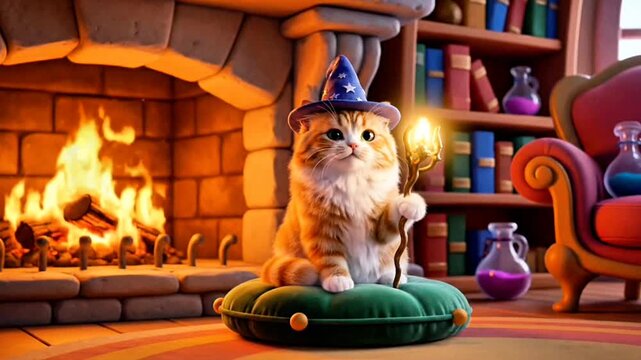 Whimsical wizard cat in cozy magical room with glowing staff and fireplace in ambient fantasy motion scene. Seamless looping time-lapse animation video background