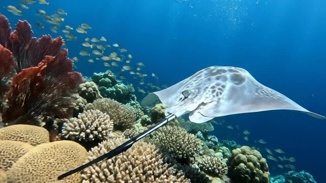 Pearl luminescence glows from a stingray gliding through a coral reef environment