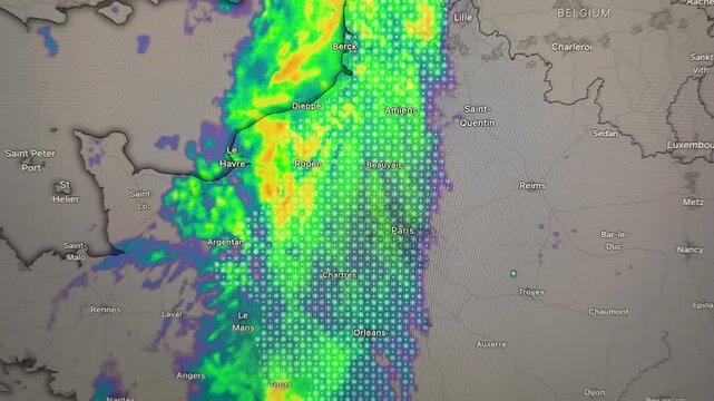 Weather radar map showing precipitation over France with colorful patterns