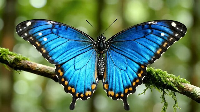 Close-up Video of Beautiful Blue Morpho Butterflies Perched on Mossy Branches in Nature
